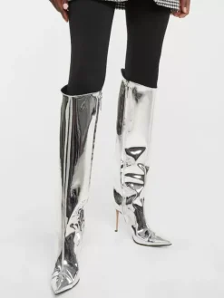 Bottes au genou pour femmes métalliques à bout pointu et talon aiguille bottes au genou