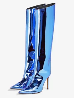 Bottes au genou pour femmes métalliques à bout pointu et talon aiguille bottes au genou