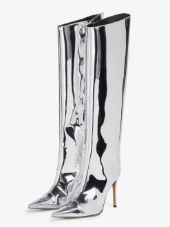 Bottes au genou pour femmes métalliques à bout pointu et talon aiguille bottes au genou