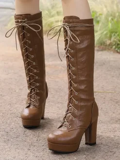 Bottes au genou pour femmes en cuir PU à talons épais Bottes hautes au genou