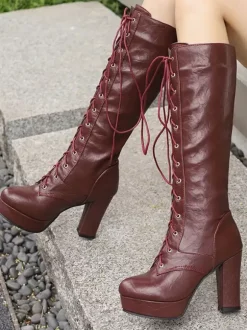 Bottes au genou pour femmes en cuir PU à talons épais Bottes hautes au genou