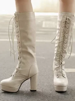 Bottes au genou pour femmes en cuir PU à talons épais Bottes hautes au genou