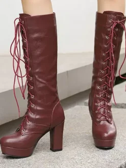 Bottes au genou pour femmes en cuir PU à talons épais Bottes hautes au genou