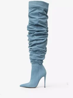 Bottes au-dessus du genou bottes hautes en denim bleu à bout pointu et à talons hauts