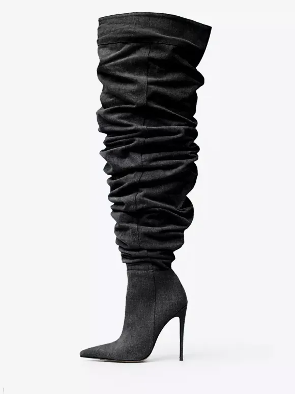 Bottes au-dessus du genou bottes hautes en denim bleu à bout pointu et à talons hauts