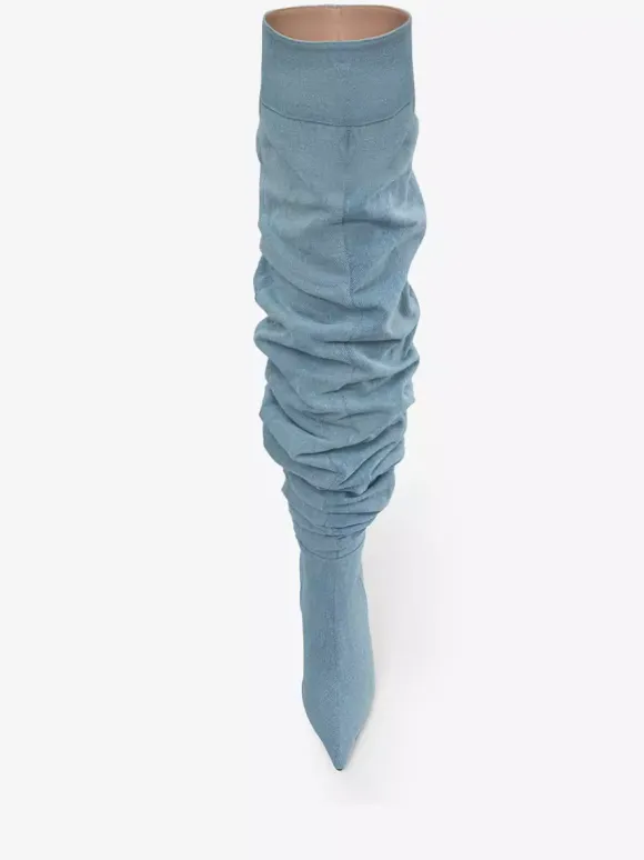 Bottes au-dessus du genou bottes hautes en denim bleu à bout pointu et à talons hauts