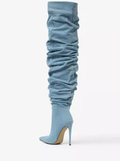 Bottes au-dessus du genou bottes hautes en denim bleu à bout pointu et à talons hauts