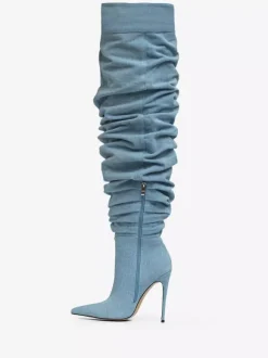 Bottes au-dessus du genou bottes hautes en denim bleu à bout pointu et à talons hauts