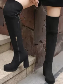 Bottes au-dessus du genou en micro-suède marron pour femmes bottes hautes à bout rond et talon épais