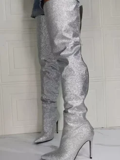 Bottes au-dessus du genou pour femmes  bottes hautes en tissu à paillettes et talon aiguille