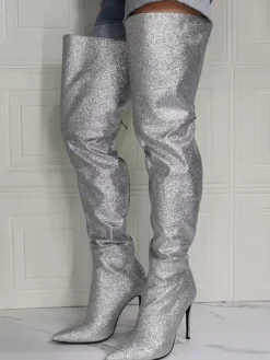 Bottes au-dessus du genou pour femmes  bottes hautes en tissu à paillettes et talon aiguille