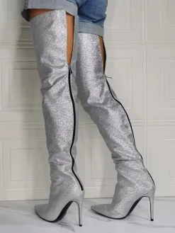 Bottes au-dessus du genou pour femmes  bottes hautes en tissu à paillettes et talon aiguille