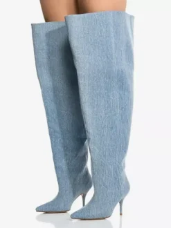 Bottes au-dessus du genou pour femmes bottes en jean à bout pointu mollet large cuissardes hautes