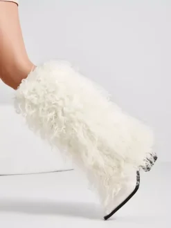 Bottes blanches hautes à bout pointu et talon épais en fausse fourrure pour femmes