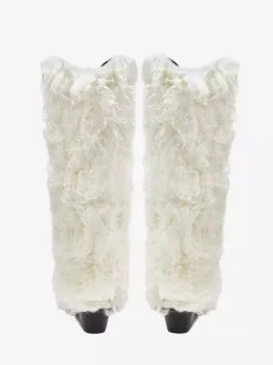 Bottes blanches hautes à bout pointu et talon épais en fausse fourrure pour femmes