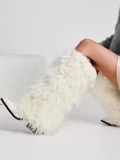 Bottes blanches hautes à bout pointu et talon épais en fausse fourrure pour femmes