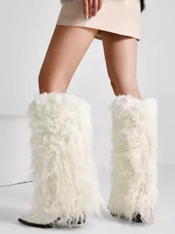 Bottes blanches hautes à bout pointu et talon épais en fausse fourrure pour femmes