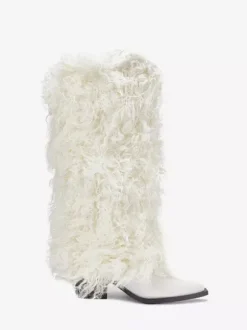 Bottes blanches hautes à bout pointu et talon épais en fausse fourrure pour femmes