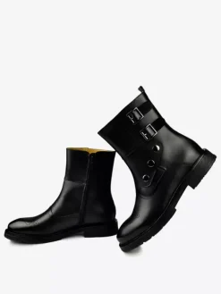 Bottes Chelsea Chaussures Hommes En Cuir De Vache Marron Foncé Boucle À Bout Rond