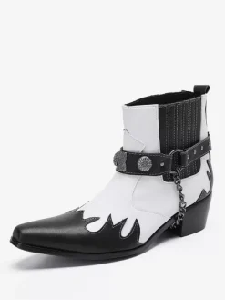 Bottes Chelsea pour hommes en cuir de vachette blanc à bout carré avec chaînes et cheville