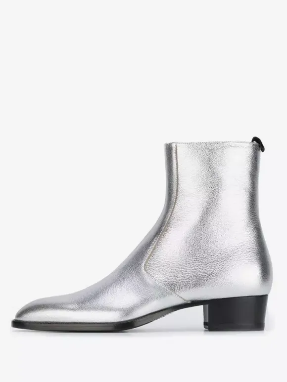 Bottes Chelsea pour hommes Bottes habillées à bout rond en cuir de vache argenté