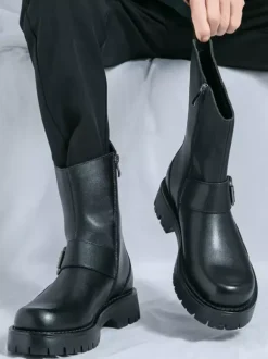Bottes courtes pour hommes semelle épaisse boucle en acier chaussures en cuir avec semelle antidérapante chaussures décontractées et robustes