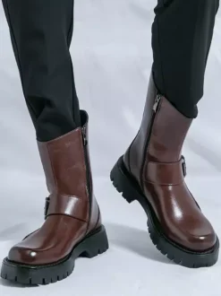 Bottes courtes pour hommes semelle épaisse boucle en acier chaussures en cuir avec semelle antidérapante chaussures décontractées et robustes