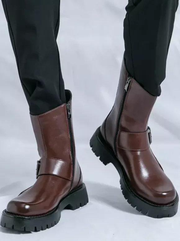 Bottes courtes pour hommes semelle épaisse boucle en acier chaussures en cuir avec semelle antidérapante chaussures décontractées et robustes