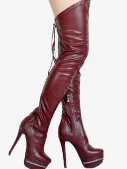 Bottes cuissardes à talons hauts pour femmes en cuir noir avec fermeture éclair à l'arrière bottes sexy montantes au-dessus du genou chaussures de soirée