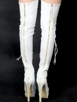 Bottes cuissardes à talons hauts pour femmes en cuir noir avec fermeture éclair à l'arrière bottes sexy montantes au-dessus du genou chaussures de soirée