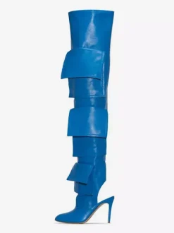Bottes cuissardes bleues pour femmes bout pointu poches bride arrière cuissardes