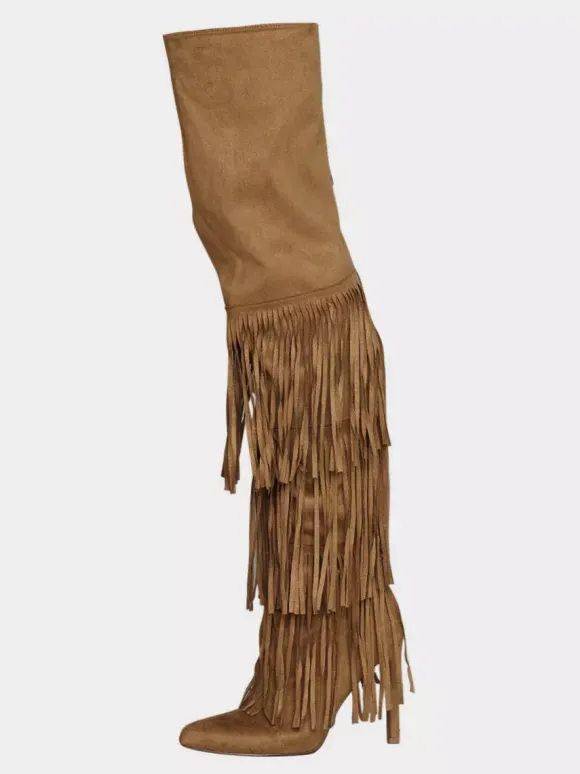 Bottes cuissardes en daim pour femmes bout pointu talon haut cuissardes à pompons