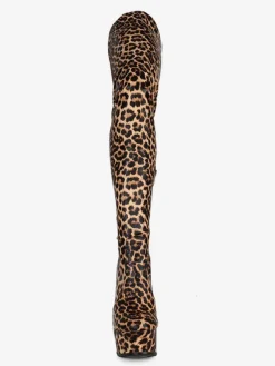 Bottes cuissardes pour femmes bout rond imprimé léopard talon aiguille bottes d'hiver à plateforme pour femmes
