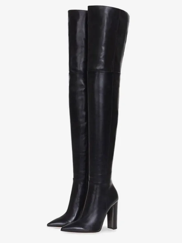 Bottes cuissardes pour femmes couleur unie bout pointu talon épais cuissardes