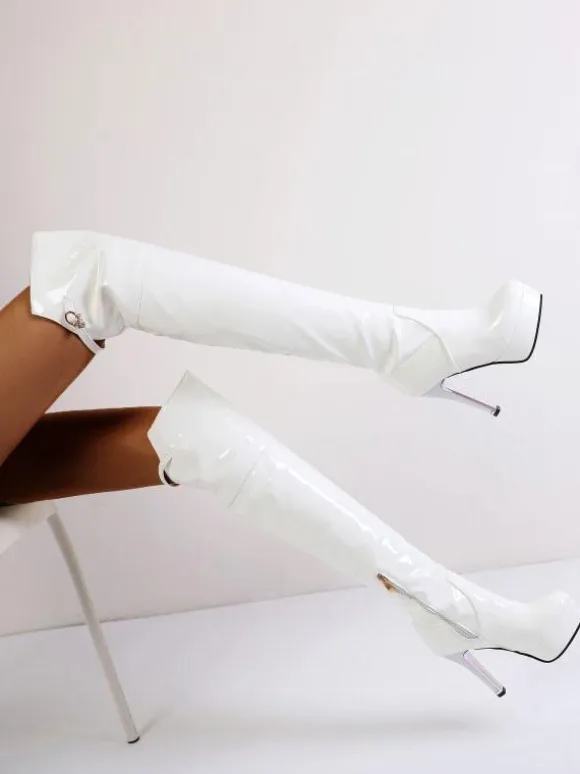 Bottes cuissardes pour femmes à talons hauts sur le genou bottes en cuir verni blanc supérieur à bout rond