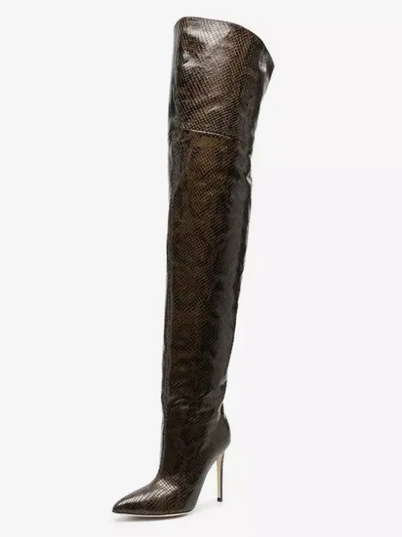 Bottes cuissardes sexy pour femmes bout pointu motif serpent talons hauts