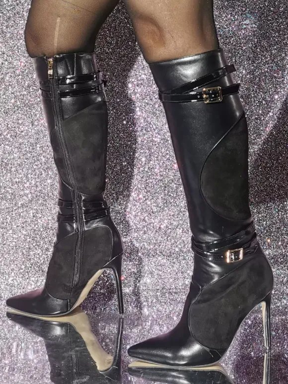 Bottes Cuissards En Cuir PU À Talon Aiguille Pour Femmes