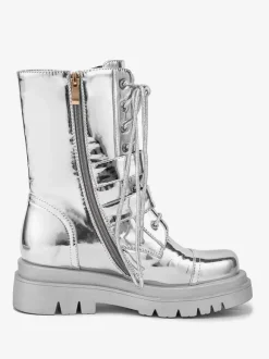 Bottes de combat argentées à bout rond avec boucle à fermeture éclair lacets