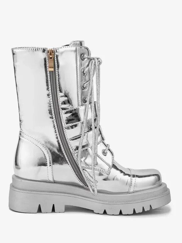 Bottes de combat argentées à bout rond avec boucle à fermeture éclair lacets