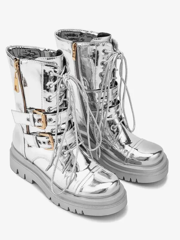 Bottes de combat argentées à bout rond avec boucle à fermeture éclair lacets