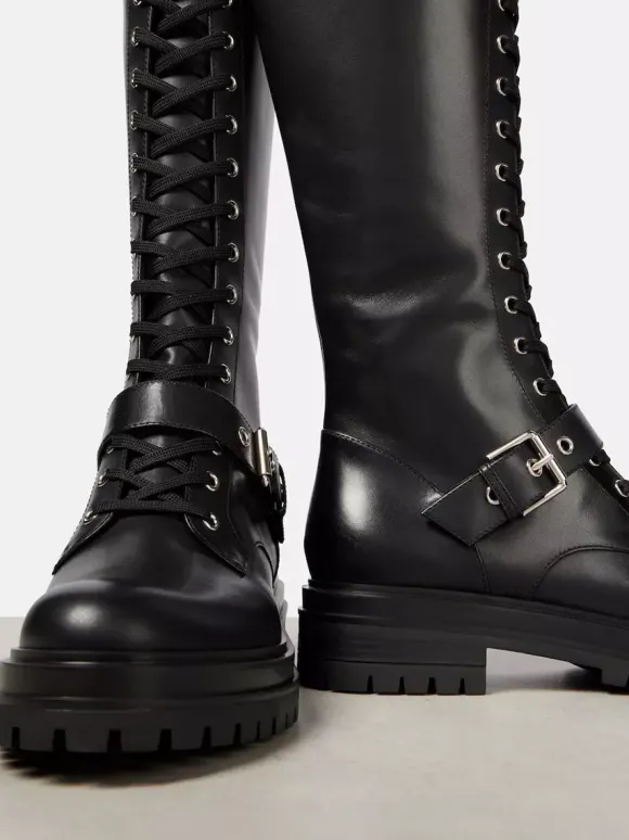 Bottes de combat noires pour femmes bottes d'équitation plates à lacets et à bout rond
