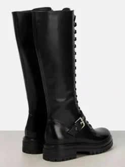 Bottes de combat noires pour femmes bottes d'équitation plates à lacets et à bout rond
