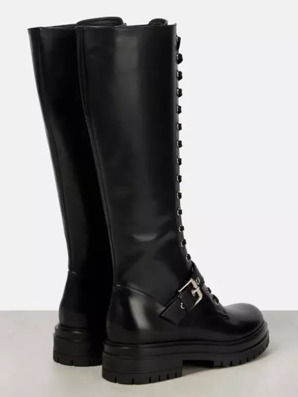 Bottes de combat noires pour femmes bottes d'équitation plates à lacets et à bout rond