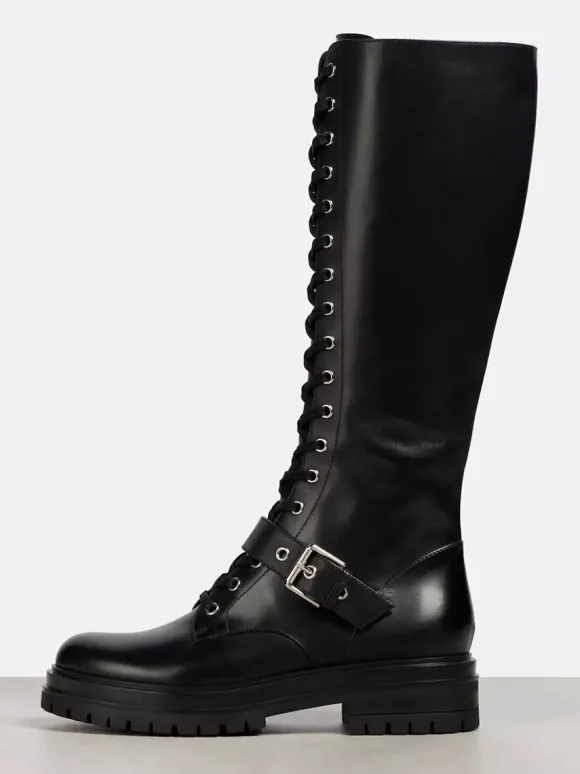 Bottes de combat noires pour femmes bottes d'équitation plates à lacets et à bout rond