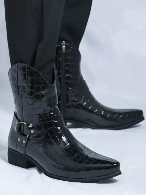 Bottes de cowboy à imprimé crocodile pour hommes bottes courtes à bout pointu et à talon bas