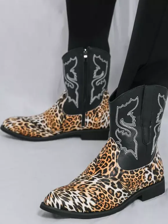 Bottes de cowboy montantes pour hommes chaussures à broderies léopard western