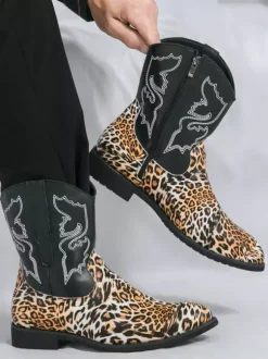 Bottes de cowboy montantes pour hommes chaussures à broderies léopard western