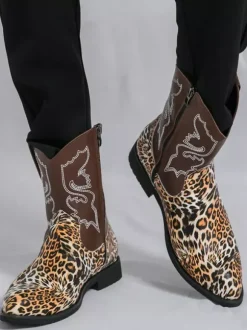 Bottes de cowboy montantes pour hommes chaussures à broderies léopard western