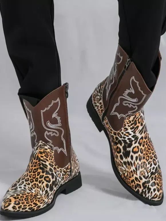 Bottes de cowboy montantes pour hommes chaussures à broderies léopard western