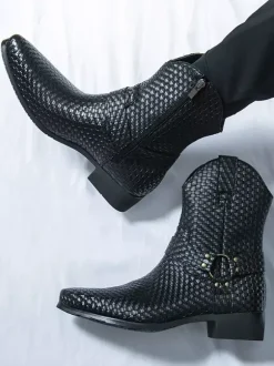 Bottes de cowboy pour hommes bottines en cuir tressé à bout pointu et à talon bas